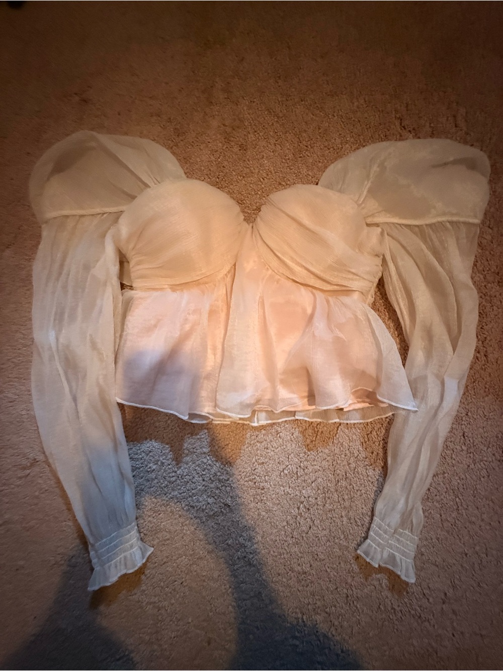 House of Harlow 1960 Ivory Sheer Puff-Sleeve Peplum Crop Top